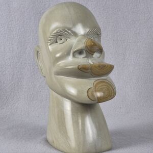 African Soapstone Carving, Tribal Bust Sculpture, Abstract Face with Full Lips